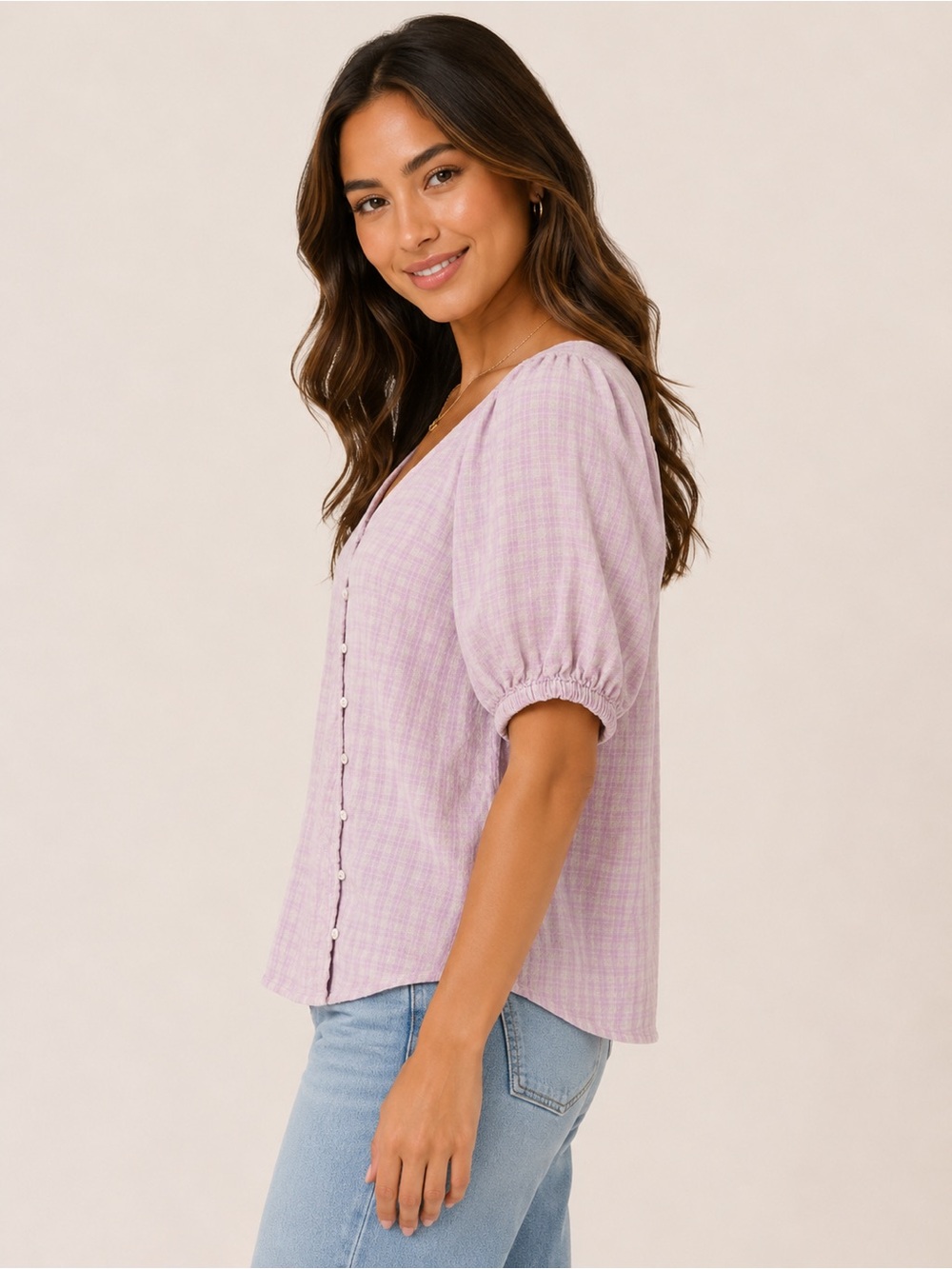 Madewell Plus Size 3X Linen Blend Puff Sleeve Button Wrap Top Sweet Lavender Pld - Picture 4 of 13